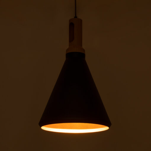 GloboStar® CALYPSO 01334-C Μοντέρνο Κρεμαστό Φωτιστικό Οροφής Μονόφωτο 1 x E27 Μαύρο – Χρυσό Μεταλλικό με Ξύλινη Βάση Καμπάνα Φ25 x Υ40cm