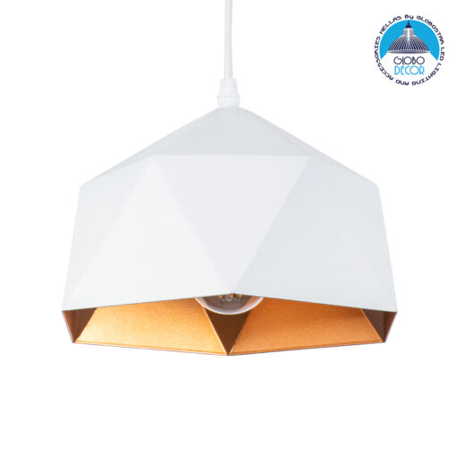 GloboStar® HEXAGON 01377 Μοντέρνο Κρεμαστό Φωτιστικό Οροφής Μονόφωτο 1 x E27 Λευκό Χρυσό Μεταλλικό Καμπάνα Φ21.5 x Υ15cm