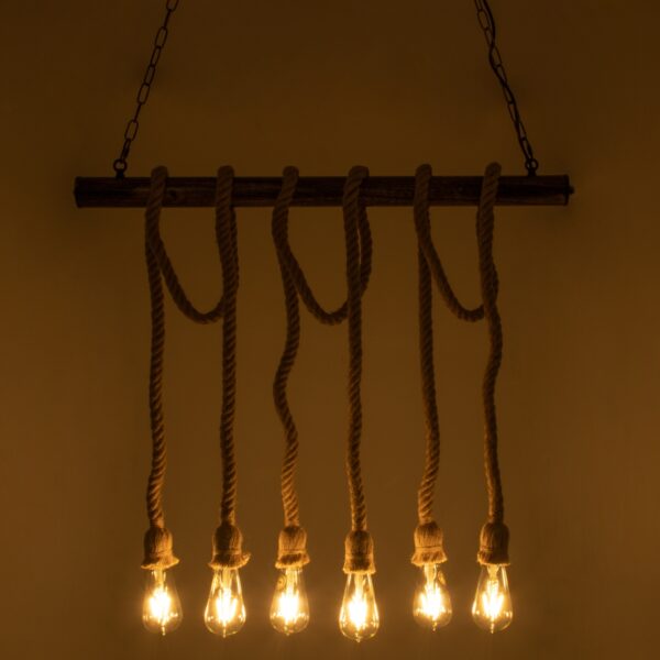 GloboStar® RAILROAD 01379 Vintage Industrial Κρεμαστό Φωτιστικό Οροφής Πολύφωτο 6 x E27 Μπρούτζινο Μεταλλικό με Μπεζ Σχοινί Μ80 x Π4 x Y55cm