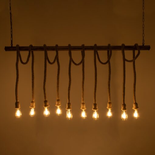 GloboStar® FERULE 01380 Vintage Industrial Κρεμαστό Φωτιστικό Οροφής Πολύφωτο 10 x E27 Μπρούτζινο Μεταλλικό με Μπεζ Σχοινί Μ150 x Π4 x Y62.5cm