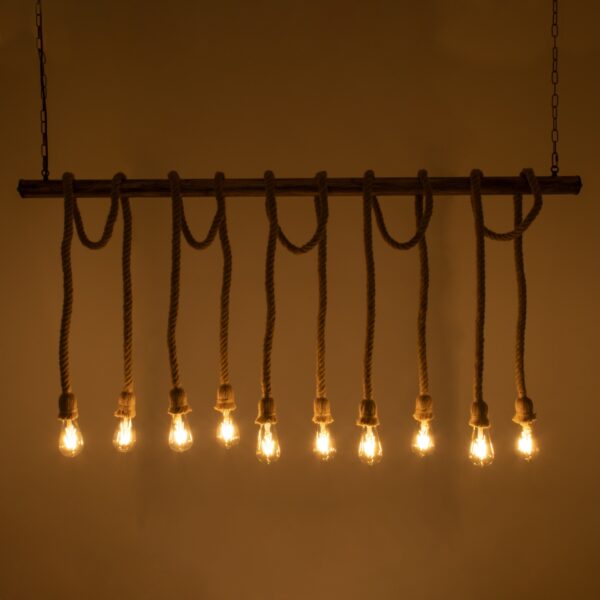 GloboStar® FERULE 01380 Vintage Industrial Κρεμαστό Φωτιστικό Οροφής Πολύφωτο 10 x E27 Μπρούτζινο Μεταλλικό με Μπεζ Σχοινί Μ150 x Π4 x Y62.5cm