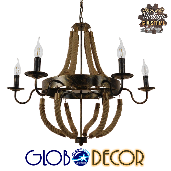 GloboStar® VICTORIAN 01404 Vintage Κρεμαστό Φωτιστικό Οροφής Πολύφωτο 6 x E14 Μπρούτζινο Σκουριά Μεταλλικό Πολυέλαιος με Μπεζ Σχοινί Φ76 x Y65cm