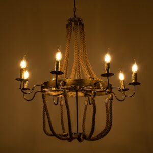 GloboStar® BAVARIAN 01405 Vintage Κρεμαστό Φωτιστικό Οροφής Πολύφωτο 8 x E14 Μπρούτζινο Σκουριά Μεταλλικό Πολυέλαιος με Μπεζ Σχοινί Φ87 x Υ80cm