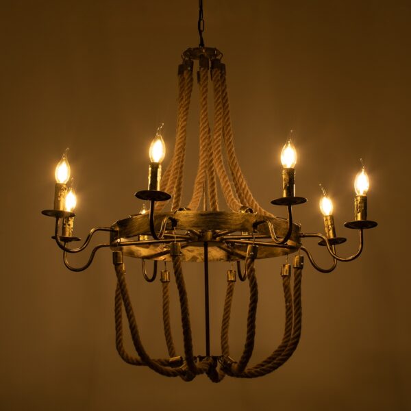 GloboStar® BAVARIAN 01405 Vintage Κρεμαστό Φωτιστικό Οροφής Πολύφωτο 8 x E14 Μπρούτζινο Σκουριά Μεταλλικό Πολυέλαιος με Μπεζ Σχοινί Φ87 x Υ80cm