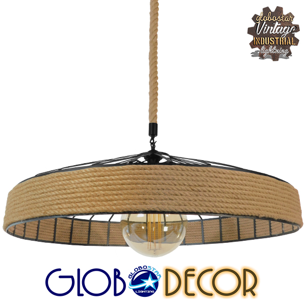 GloboStar® SAHARA 01416 Vintage Κρεμαστό Φωτιστικό Οροφής Μονόφωτο 1 x E27 Μαύρο Μεταλλικό με Μπεζ Σχοινί Φ80 x Υ25cm