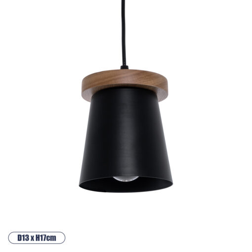 GloboStar® LANA 01424 Μοντέρνο Κρεμαστό Φωτιστικό Οροφής Μονόφωτο 1 x E27 με Ξύλινη Βάση και Μαύρο Καπέλο Φ13 x Y17cm