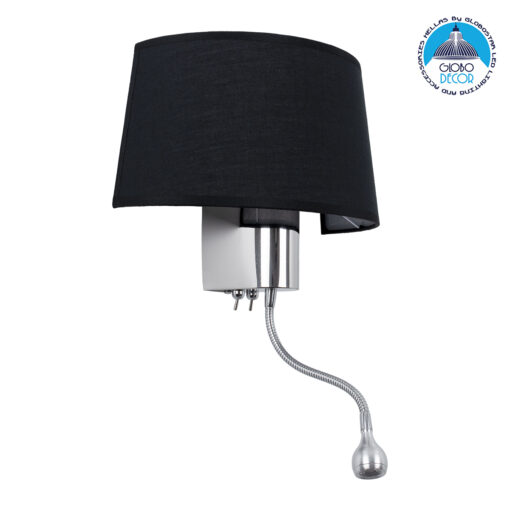 GloboStar® ELEGANT 01492 Μοντέρνο Φωτιστικό Τοίχου Απλίκα Μεταλλικό Χρώμιο Νίκελ με Μαύρο Ύφασμα Δίφωτο 1xE27 – Ρυθμίζόμενο Σώμα Σπιράλ με CREE LED 3W Θερμό Λευκό 2700K – Διακόπτες On / Off Μ26.5 x Π15 x Υ43cm