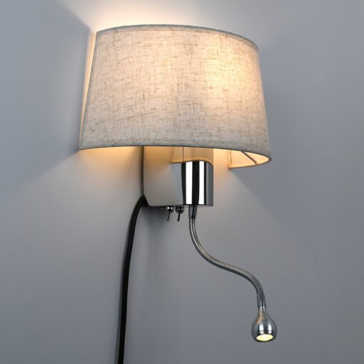 GloboStar® ELEGANT 01493 Μοντέρνο Φωτιστικό Τοίχου Απλίκα Μεταλλικό Χρώμιο Νίκελ με Λευκό Ύφασμα Δίφωτο 1xE27 – Ρυθμίζόμενο Σώμα Σπιράλ με CREE LED 3W Θερμό Λευκό 2700K – Διακόπτες On / Off Μ26.5 x Π15 x Υ43cm
