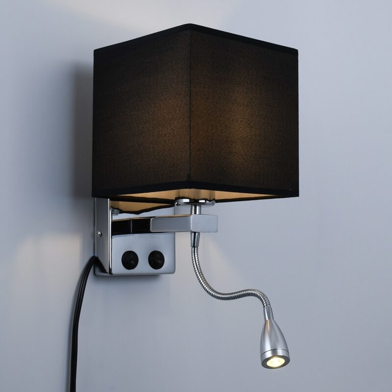 GloboStar® ELEGANT 01494 Μοντέρνο Φωτιστικό Τοίχου Απλίκα Μεταλλικό Χρώμιο Νίκελ με Μαύρο Ύφασμα Δίφωτο 1xE27 – Ρυθμίζόμενο Σώμα Σπιράλ με CREE LED 3W Θερμό Λευκό 2700K – Διακόπτες On / Off Μ17 x Π21 x Υ43cm