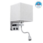 GloboStar® ELEGANT 01495 Μοντέρνο Φωτιστικό Τοίχου Απλίκα Μεταλλικό Χρώμιο Νίκελ με Λευκό Ύφασμα Δίφωτο 1xE27 – Ρυθμίζόμενο Σώμα Σπιράλ με CREE LED 3W Θερμό Λευκό 2700K – Διακόπτες On / Off Μ17 x Π21 x Υ43cm
