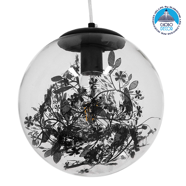 GloboStar® HARPER 01512 Μοντέρνο Κρεμαστό Φωτιστικό Οροφής Μονόφωτο 1 x E27 Γυάλινο Διάφανο με Μαύρη Γιρλάντα Φ25 x Υ30cm
