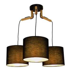 GloboStar® RAMSON 01525 Μοντέρνο Κρεμαστό Φωτιστικό Οροφής Τρίφωτο 3 x E27 Μαύρο με Ξύλο και Υφασμάτινα Καπελα Φ67 x Υ65cm