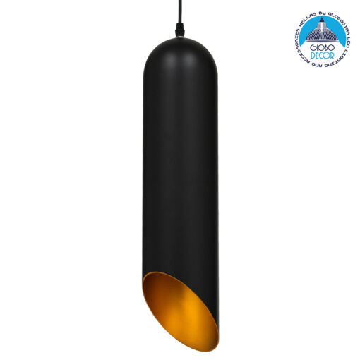 GloboStar® CARSON 01528 Μοντέρνο Κρεμαστό Φωτιστικό Οροφής Μονόφωτο 1 x E27 Μαύρο – Χρυσό Μεταλλικό Καμπάνα Φ12 x Υ52cm