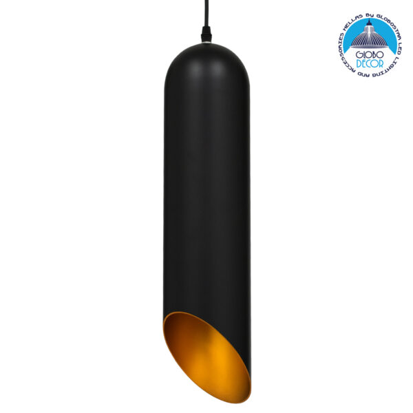GloboStar® CARSON 01528 Μοντέρνο Κρεμαστό Φωτιστικό Οροφής Μονόφωτο 1 x E27 Μαύρο – Χρυσό Μεταλλικό Καμπάνα Φ12 x Υ52cm