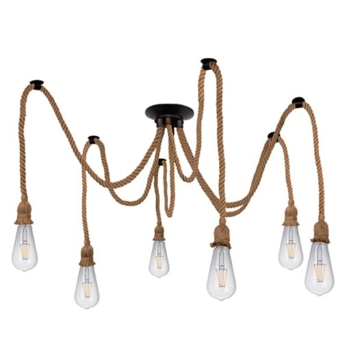 GloboStar® ATROX 01547 Vintage Φωτιστικό Οροφής Πολύφωτο Μαύρο με 6×2 Μέτρα Μπεζ Σχοινί