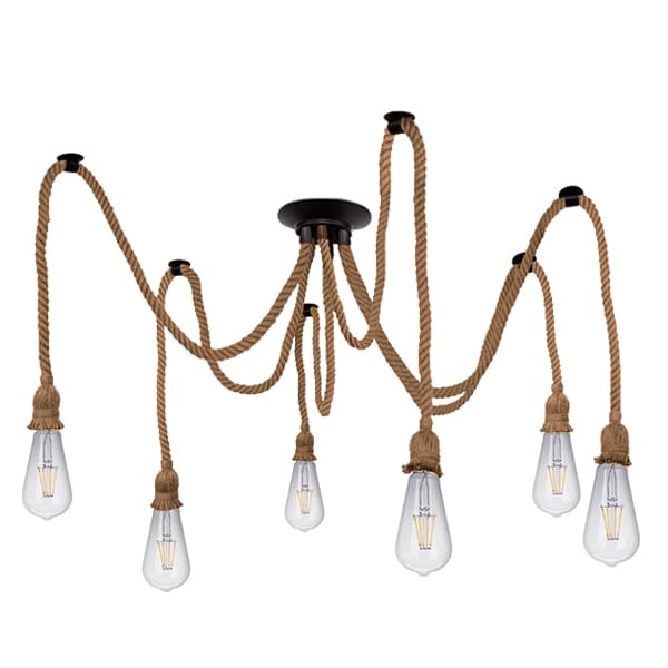 GloboStar® ATROX 01547 Vintage Φωτιστικό Οροφής Πολύφωτο Μαύρο με 6×2 Μέτρα Μπεζ Σχοινί