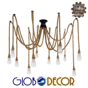 GloboStar® CRIMSON 01548 Vintage Φωτιστικό Οροφής Πολύφωτο 12 x E27 Μαύρο με 12 x 2 Μέτρα Μπεζ Σχοινί