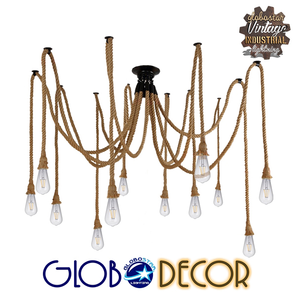 GloboStar® CRIMSON 01548 Vintage Φωτιστικό Οροφής Πολύφωτο 12 x E27 Μαύρο με 12 x 2 Μέτρα Μπεζ Σχοινί