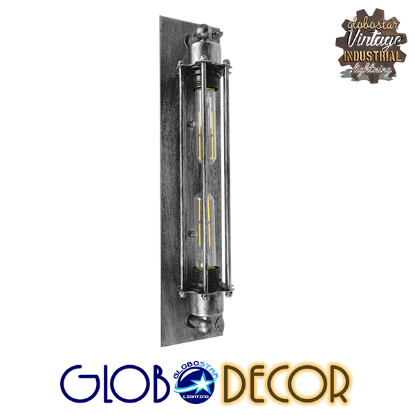 GloboStar® REBELL 01567 Vintage Industrial Φωτιστικό Τοίχου Απλίκα Δίφωτο Ασημί Σκουριά Μεταλλικό Πλέγμα Μ9.5 x Π10 x Υ47cm