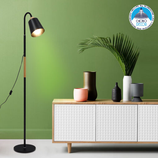 GloboStar® RIBBON 01585 Μοντέρνο Φωτιστικό Δαπέδου Μονόφωτο 1 x E27 Μαύρο Μεταλλικό Καμπάνα με Εφέ Ξύλου D13 x H164cm