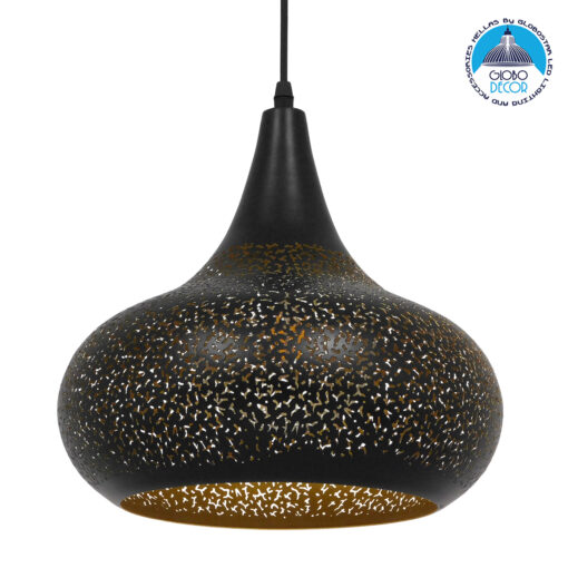 GloboStar® JANIS 01590 Μοντέρνο Κρεμαστό Φωτιστικό Οροφής Μονόφωτο 1 x E27 Μαύρο – Χρυσό Μεταλλικό Καμπάνα Φ30 x Υ30cm