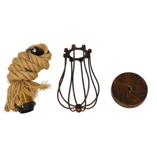 GloboStar® CAMBER 01594 Vintage Industrial Κρεμαστό Φωτιστικό Οροφής Μονόφωτο 1 x E27 Μαύρο Μεταλλικό Πλέγμα με Μπεζ Σχοινί Φ11 x Υ25cm