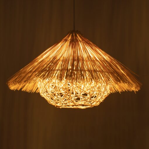GloboStar® CHEOPE 01599 Vintage Κρεμαστό Φωτιστικό Οροφής Μονόφωτο 1 x E27 Μπεζ Ξύλινο Ψάθινο Rattan Φ45 x Υ35cm
