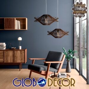 GloboStar® MADDY 01602 Vintage Κρεμαστό Φωτιστικό Οροφής Μονόφωτο 1 x E27 Καφέ Σκούρο Ξύλινο Ψάθινο Bamboo Φ50 x Υ23cm