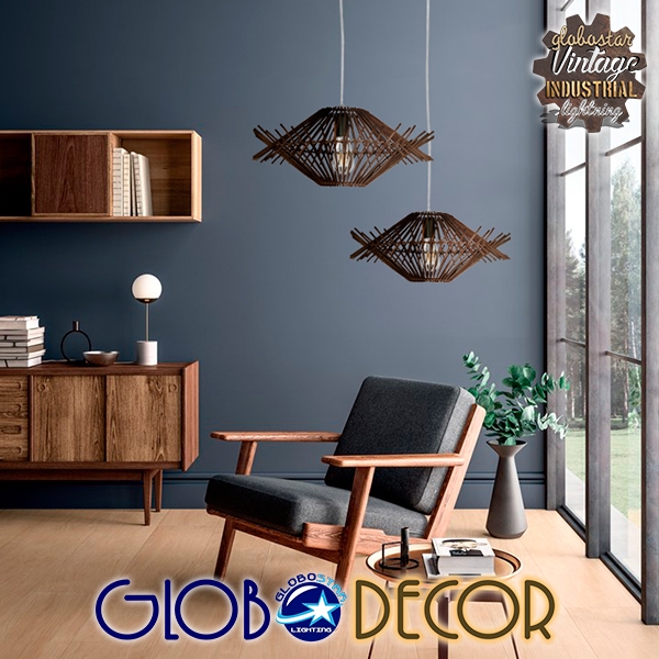 GloboStar® MADDY 01602 Vintage Κρεμαστό Φωτιστικό Οροφής Μονόφωτο 1 x E27 Καφέ Σκούρο Ξύλινο Ψάθινο Bamboo Φ50 x Υ23cm