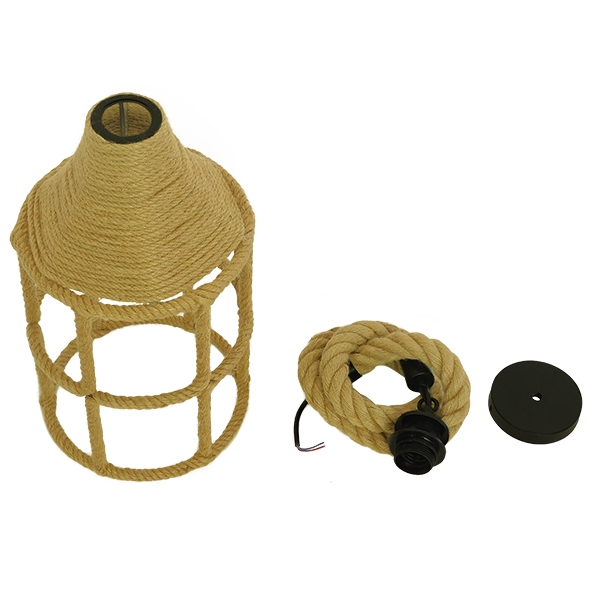 GloboStar® YUBA 01612 Vintage Κρεμαστό Φωτιστικό Οροφής Μονόφωτο 1 x E27 Πλέγμα με Μπεζ Σχοινί Φ22 x Υ40cm