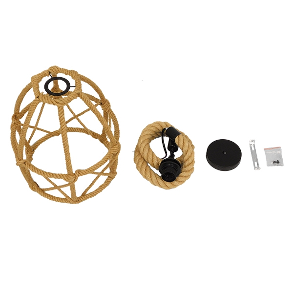 GloboStar® TELAN 01615 Vintage Κρεμαστό Φωτιστικό Οροφής Μονόφωτο 1 x E27 Πλέγμα με Μπεζ Σχοινί Φ30 x Υ38cm