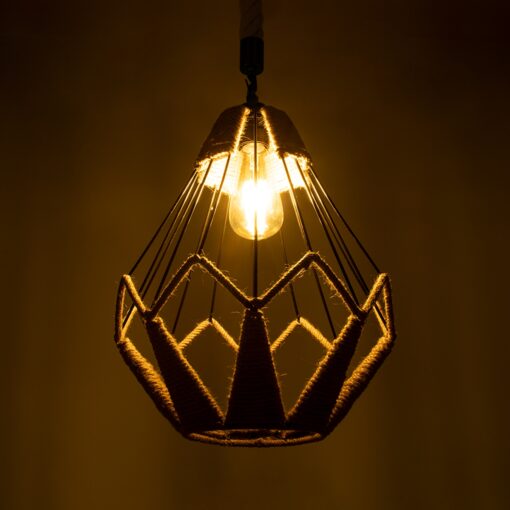 GloboStar® CONICAL 01617 Vintage Κρεμαστό Φωτιστικό Οροφής Μονόφωτο 1 x E27 Πλέγμα με Μπεζ Σχοινί Φ31 x Υ38cm