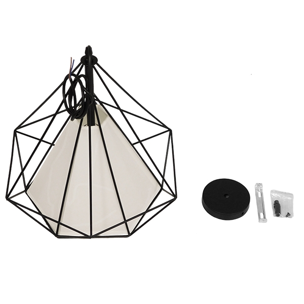 GloboStar® KAIRI 01618 Μοντέρνο Industrial Κρεμαστό Φωτιστικό Οροφής Μονόφωτο 1 x E27 Μαύρο με Άσπρο Ύφασμα Μεταλλικό Πλέγμα Φ38 x Υ39cm