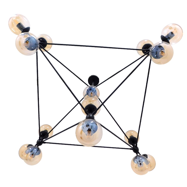 GloboStar® SENTINEL 01637 Μοντέρνο Industrial Κρεμαστό Φωτιστικό Οροφής Πολύφωτο 15 x E27 Μαύρο Μεταλλικό Πολυέλαιος με Μελί Γυαλί Φ150 x Υ115cm