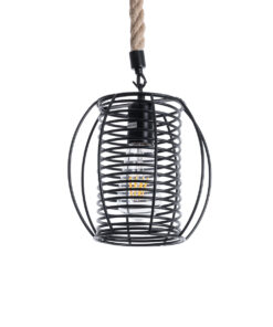 GloboStar® ORVAL 01689 Μοντέρνο Κρεμαστό Φωτιστικό Οροφής Μονόφωτο 1 x E27 AC220-240V IP20 – Φ20 x Υ20cm – Μαύρο Μεταλλικό με Μπεζ Σχοινί Πλέγμα