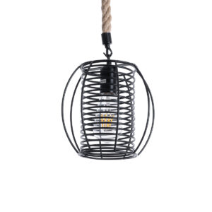 GloboStar® ORVAL 01689 Μοντέρνο Κρεμαστό Φωτιστικό Οροφής Μονόφωτο 1 x E27 AC220-240V IP20 – Φ20 x Υ20cm – Μαύρο Μεταλλικό με Μπεζ Σχοινί Πλέγμα