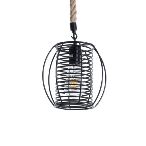 GloboStar® ORVAL 01689 Μοντέρνο Κρεμαστό Φωτιστικό Οροφής Μονόφωτο 1 x E27 AC220-240V IP20 – Φ20 x Υ20cm – Μαύρο Μεταλλικό με Μπεζ Σχοινί Πλέγμα