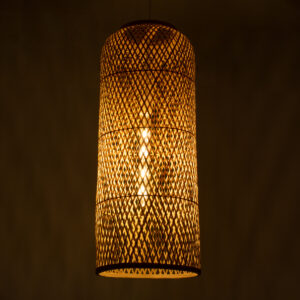 GloboStar® CALERO 01711 Μοντέρνο Κρεμαστό Φωτιστικό Οροφής Μονόφωτο 1 x E27 Μπεζ Μπαμπού Καμπάνα Φ30 x Υ70cm