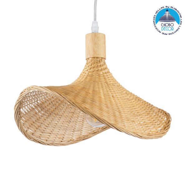 GloboStar® CUBA 01715 Vintage Κρεμαστό Φωτιστικό Οροφής Μονόφωτο 1 x E27 Μπεζ Ξύλινο Bamboo Φ33 x Y25cm