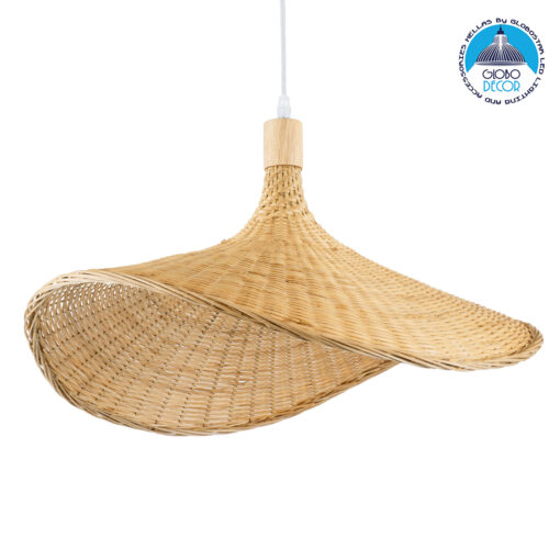 GloboStar® CUBA 01719 Vintage Κρεμαστό Φωτιστικό Οροφής Μονόφωτο 1 x E27 Μπεζ Ξύλινο Bamboo Φ53 x Y30cm