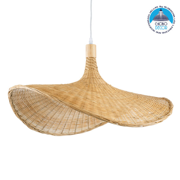 GloboStar® CUBA 01721 Vintage Κρεμαστό Φωτιστικό Οροφής Μονόφωτο 1 x E27 Μπεζ Ξύλινο Bamboo Φ63 x Y32cm
