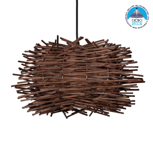 GloboStar® MINORCA 01732 Μοντέρνο Κρεμαστό Φωτιστικό Οροφής Μονόφωτο 1 x E27 Καφέ Μπαμπού Καμπάνα Φ30 x Υ18cm