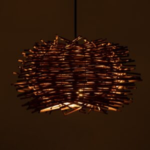 GloboStar® MINORCA 01732 Μοντέρνο Κρεμαστό Φωτιστικό Οροφής Μονόφωτο 1 x E27 Καφέ Μπαμπού Καμπάνα Φ30 x Υ18cm