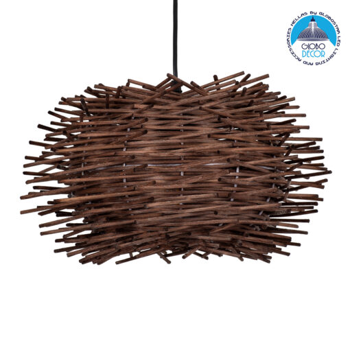 GloboStar® MINORCA 01733 Μοντέρνο Κρεμαστό Φωτιστικό Οροφής Μονόφωτο 1 x E27 Καφέ Μπαμπού Καμπάνα Φ35 x Υ23cm