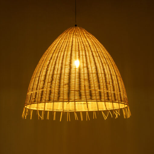 GloboStar® AQUATIC 01743 Boho Κρεμαστό Φωτιστικό Οροφής Μονόφωτο 1 x E27 AC220-240V IP20 – Φ60 x Υ60cm – Μπεζ Ξύλινο Μπαμπού Πλέγμα Καμπάνα – 5 Χρόνια Εγγύηση