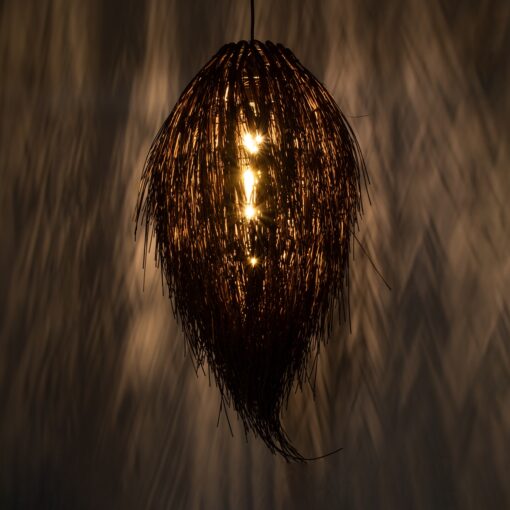 GloboStar® ARCHIPELAGO 01748 Μοντέρνο Κρεμαστό Φωτιστικό Οροφής Μονόφωτο 1 x E27 Καφέ Μπαμπού Πλέγμα Φ30 x Υ63cm