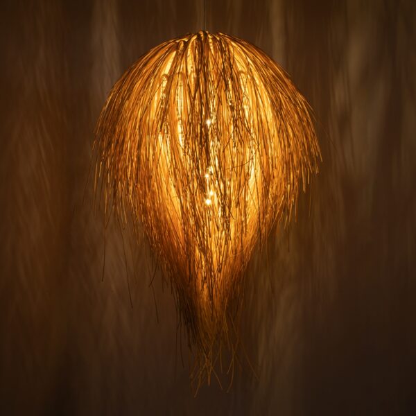 GloboStar® ARCHIPELAGO 01749 Μοντέρνο Κρεμαστό Φωτιστικό Οροφής Μονόφωτο 1 x E27 Μπεζ Μπαμπού Πλέγμα Φ40 x Υ63cm