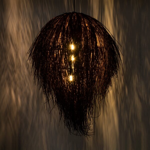 GloboStar® ARCHIPELAGO 01750 Μοντέρνο Κρεμαστό Φωτιστικό Οροφής Μονόφωτο 1 x E27 Καφέ Μπαμπού Πλέγμα Φ40 x Υ63cm