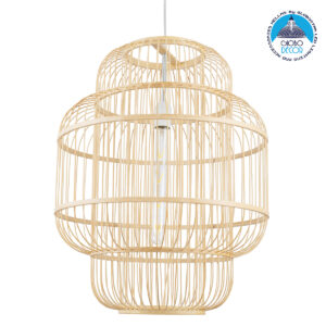 GloboStar® HAITI 01763 Vintage Κρεμαστό Φωτιστικό Οροφής Μονόφωτο 1 x E27 Μπεζ Ξύλινο Bamboo Πλέγμα Φ48 x Υ60cm