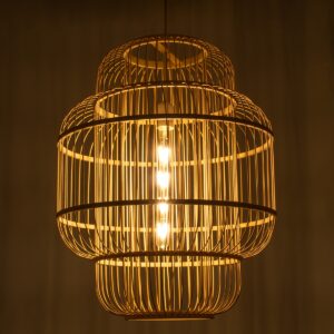 GloboStar® HAITI 01763 Vintage Κρεμαστό Φωτιστικό Οροφής Μονόφωτο 1 x E27 Μπεζ Ξύλινο Bamboo Πλέγμα Φ48 x Υ60cm